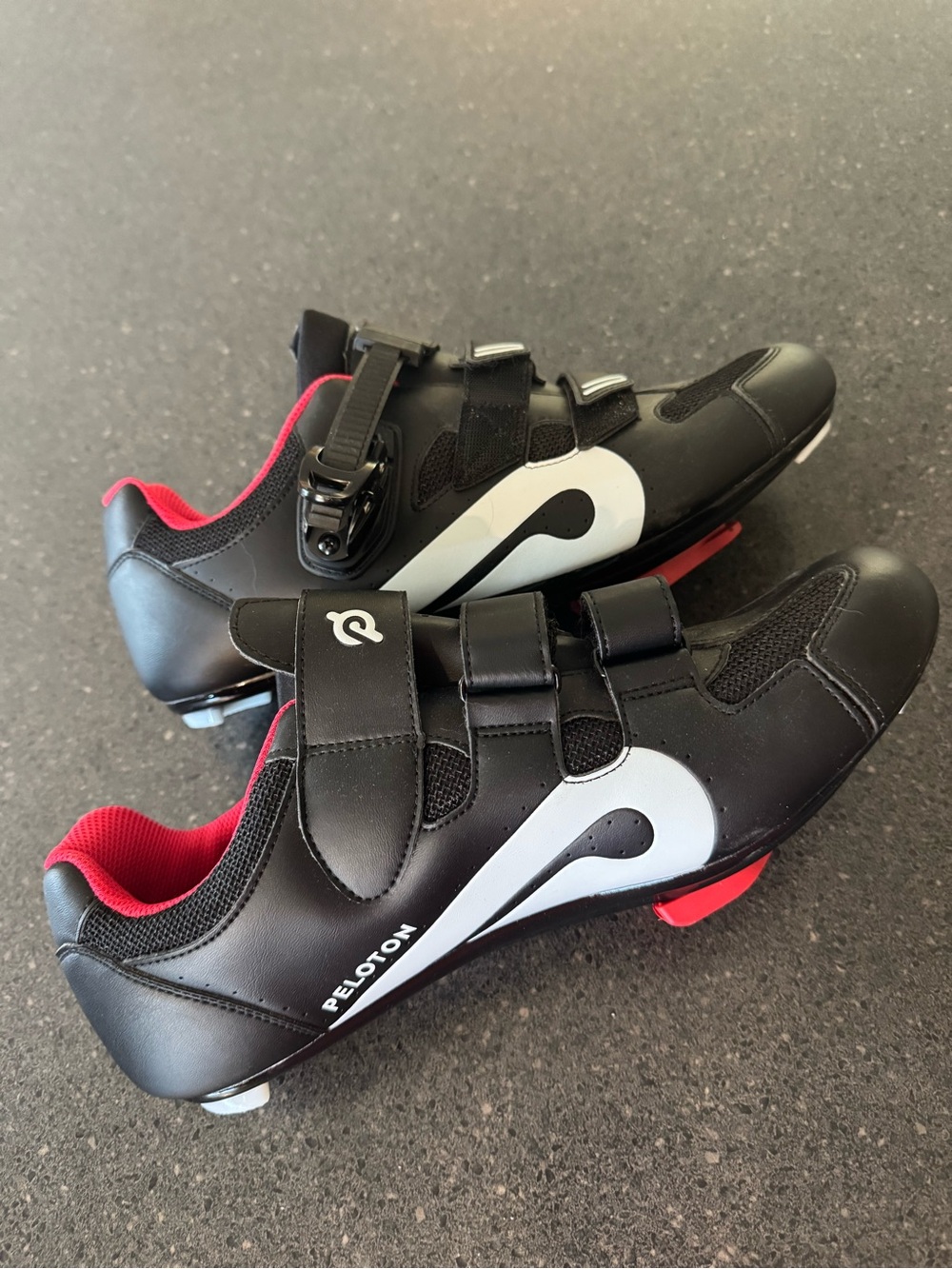 Peloton Black and White Cycling Shoes with Red Lining